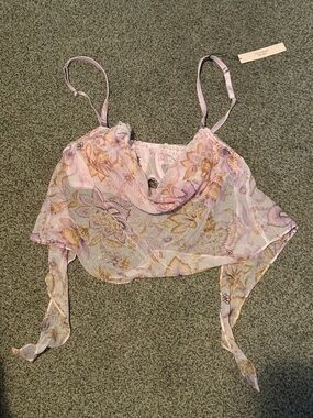 Floral Sheer Lavender Cowl Neck Crop Top